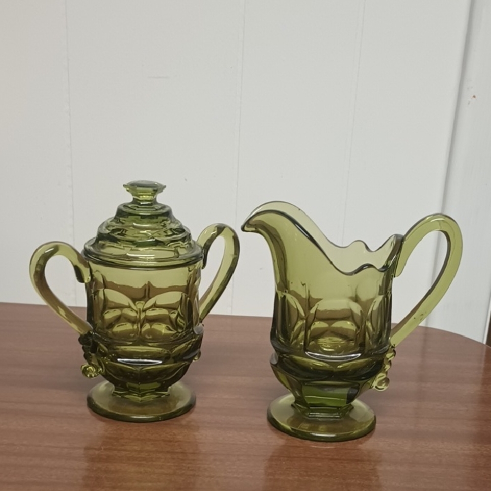 Vintage Fostoria Green Glass Sugar and Creamer Set